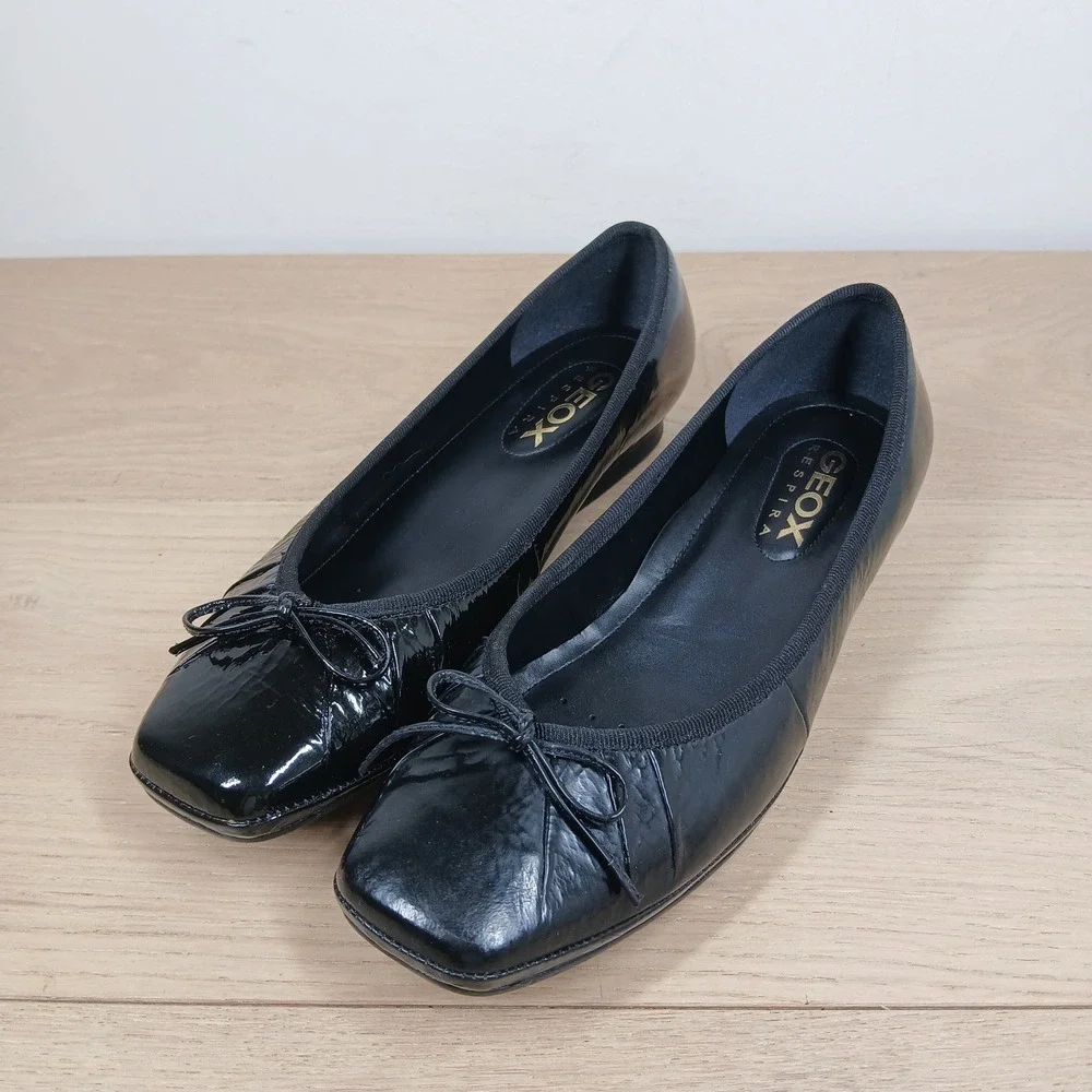 Geox Ballet Flats Womens 38 Black Patent Leather Square Toe Bow Low Wedge Shoe